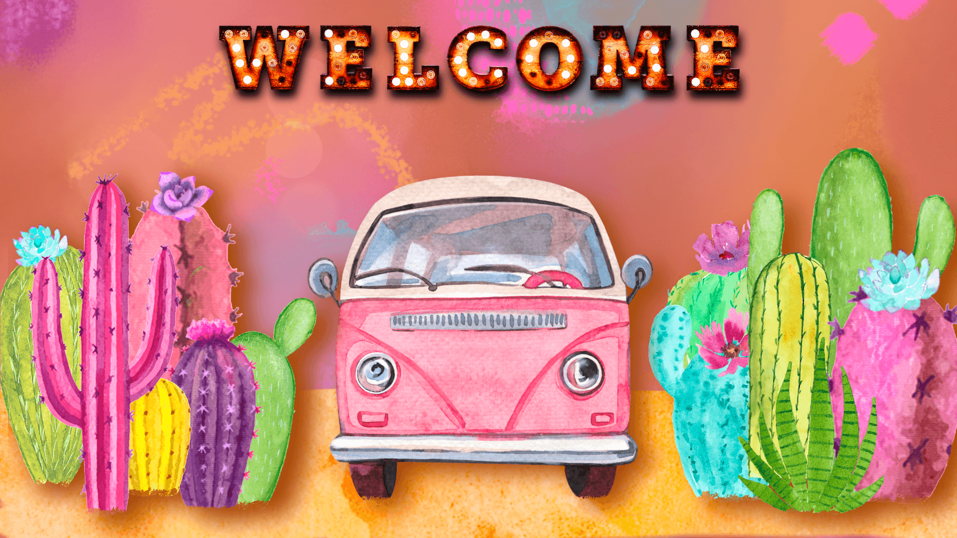 The Colormobile Welcome Banner with Pink Camper Van and Cacti