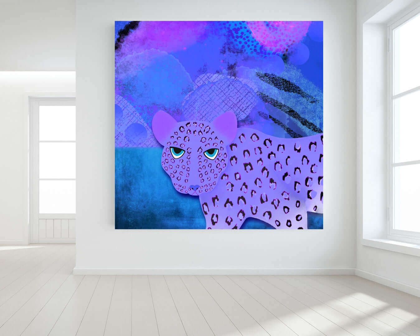 Purple Leopard on Blue and Purple Abstract Background “Blue Leopard” Canvas Print Wall Art Large Canvas on Wall