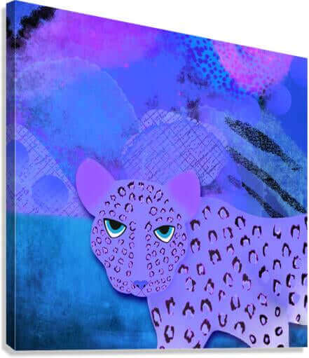 Purple Leopard on Blue and Purple Abstract Background “Blue Leopard” Canvas Print Wall Art Side View
