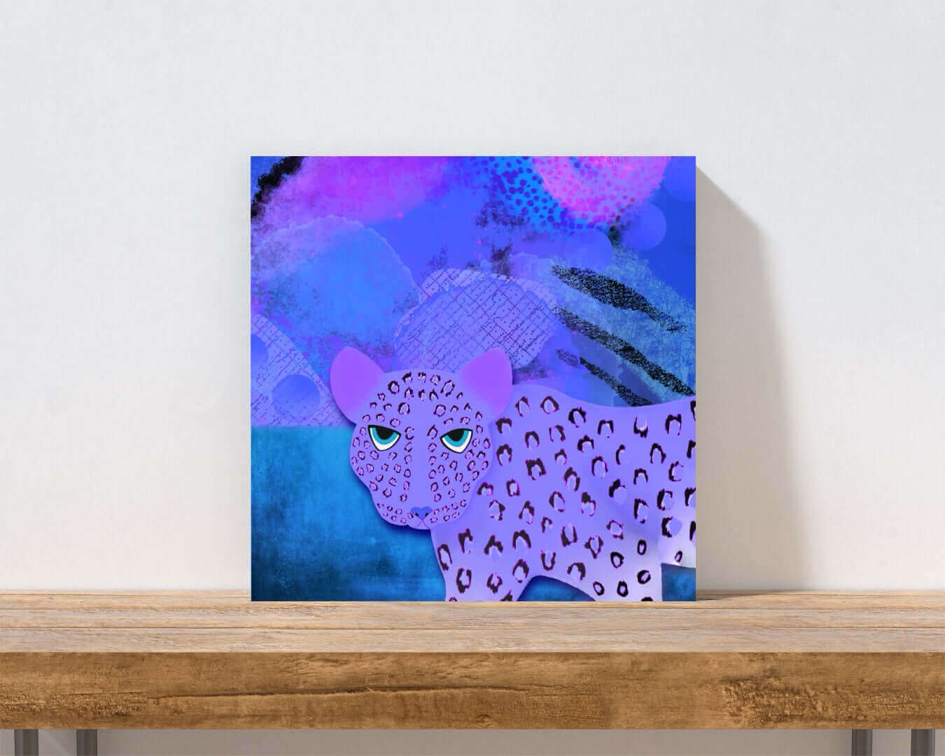 Purple Leopard on Blue and Purple Abstract Background “Blue Leopard” Canvas Print Wall Art Small Canvas on Shelf