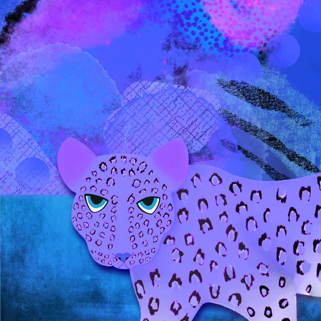 Purple Leopard on Blue and Purple Abstract Background “Blue Leopard” Canvas Print Wall Art