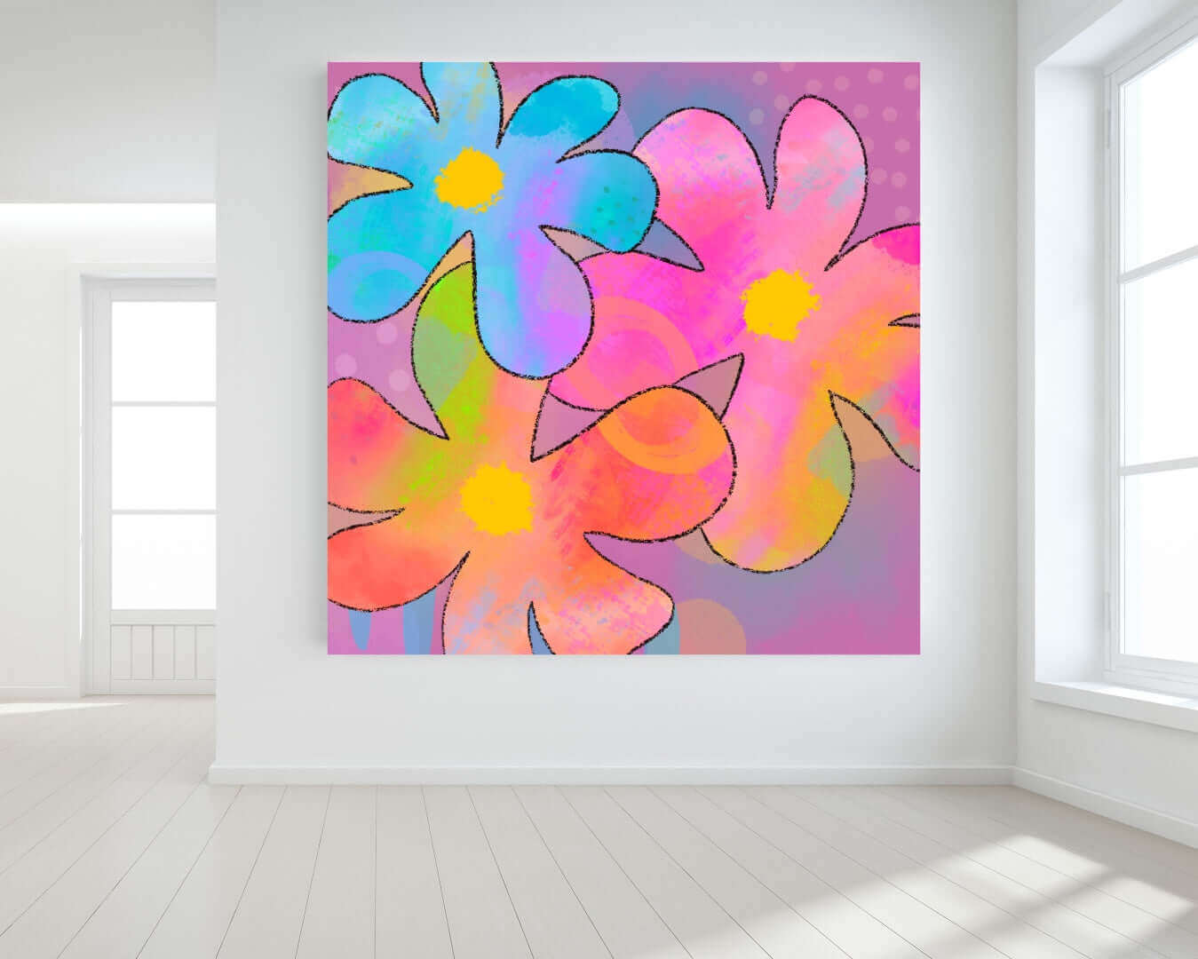 Big Colorful 1960s Psychedelic “Hippie Flowers” Canvas Print Wall Art Large Canvas on Wall