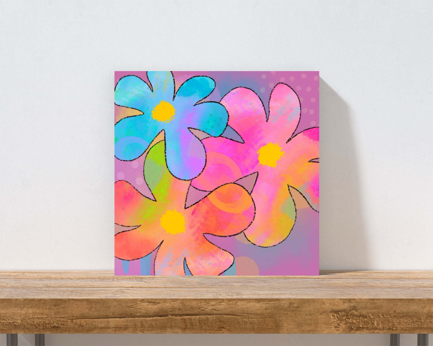 Big Colorful 1960s Psychedelic “Hippie Flowers” Canvas Print Wall Art Small Canvas on Shelf