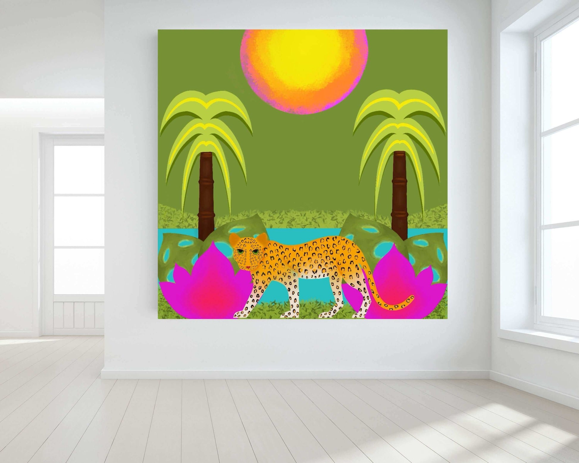 Palm Trees and Pink Lotus Flowers on a Green Background with Leopard “Leopard Jungle” Canvas Print Wall Art Large Canvas on Wall