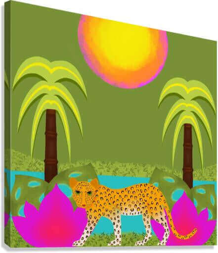 Palm Trees and Pink Lotus Flowers on a Green Background with Leopard “Leopard Jungle” Canvas Print Wall Art Side View