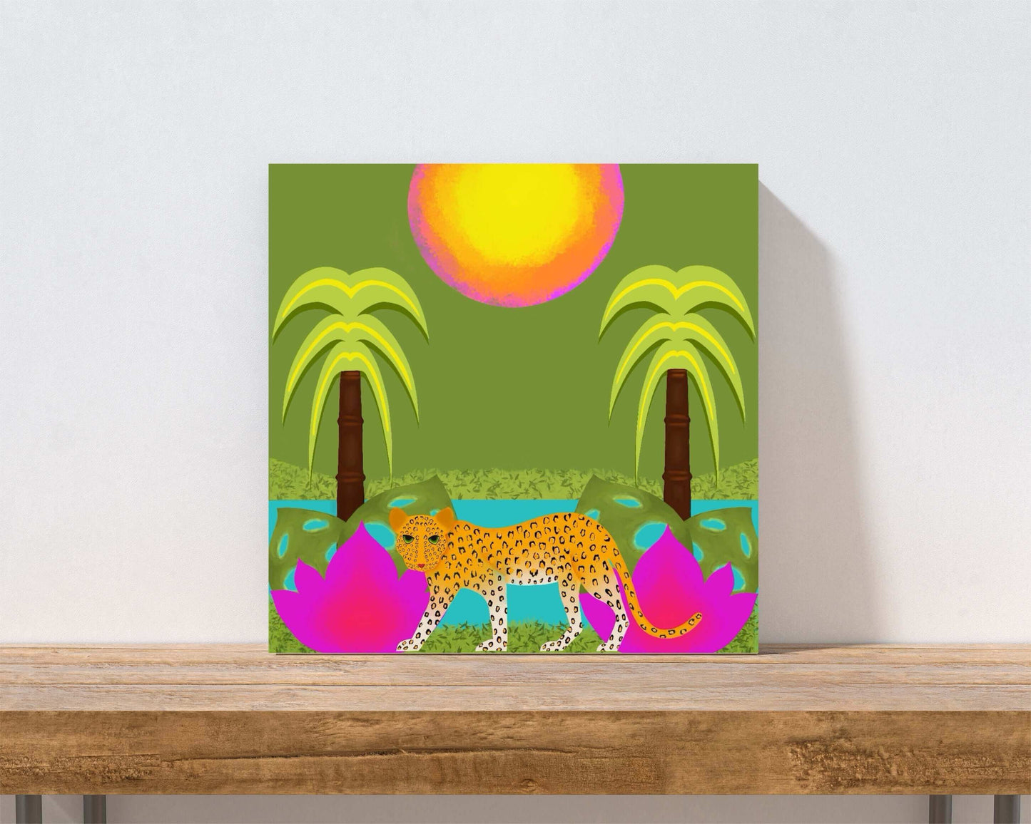 Palm Trees and Pink Lotus Flowers on a Green Background with Leopard “Leopard Jungle” Canvas Print Wall Art Small Canvas on Wall