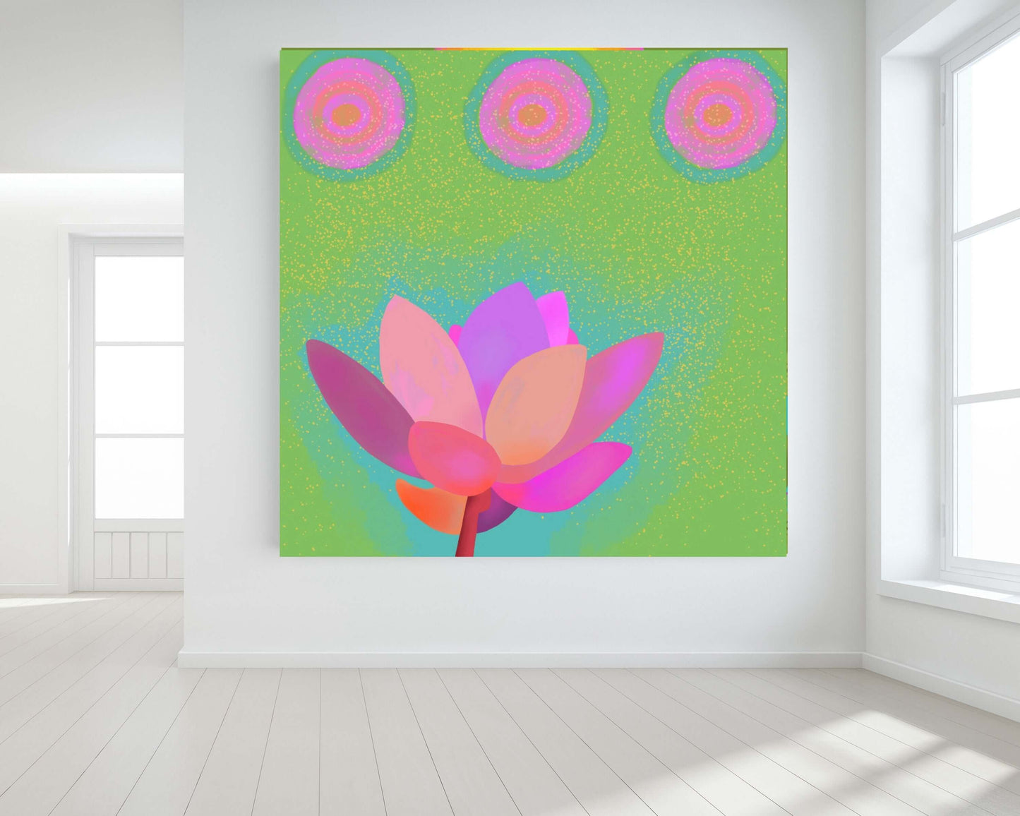 Pink Lotus Flower on Green Background “Lotus Dots” Canvas Print Wall Art Large Canvas on Wall