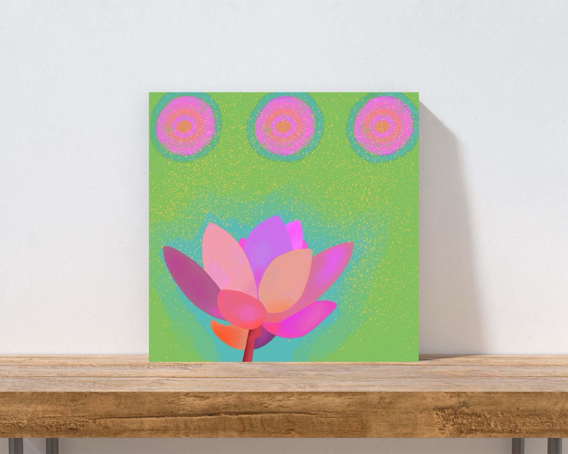 Pink Lotus Flower on Green Background “Lotus Dots” Canvas Print Wall Art Small Canvas on Wall
