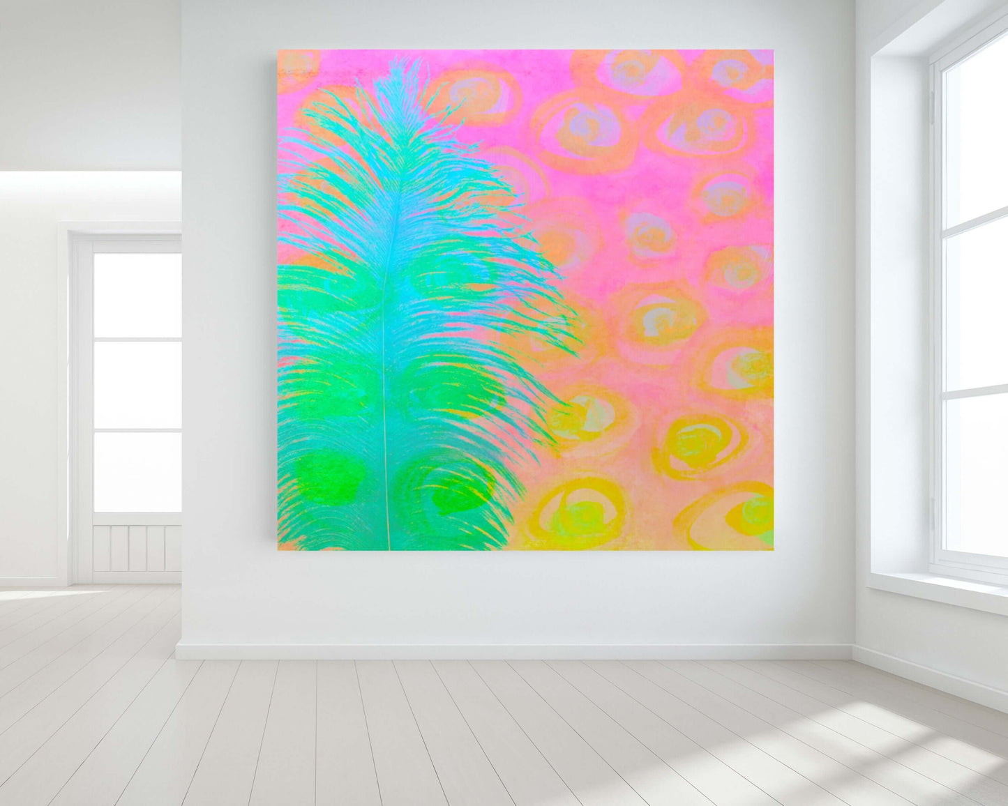 Bright Blue-Green Ostrich Feather on Pink and Yellow Background “My Other Half” Abstract Art Canvas Print Wall Art Large Canvas on Wall