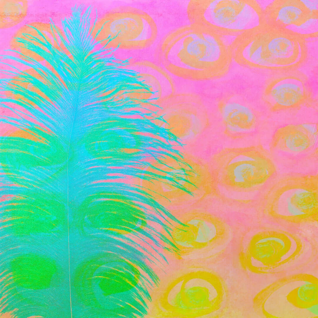 Bright Blue-Green Ostrich Feather on Pink and Yellow Background “My Other Half” Abstract Art Canvas Print Wall Art