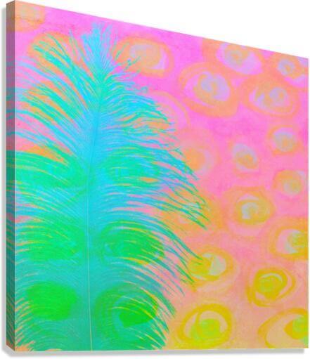 Bright Blue-Green Ostrich Feather on Pink and Yellow Background “My Other Half” Abstract Art Canvas Print Wall Art Side View