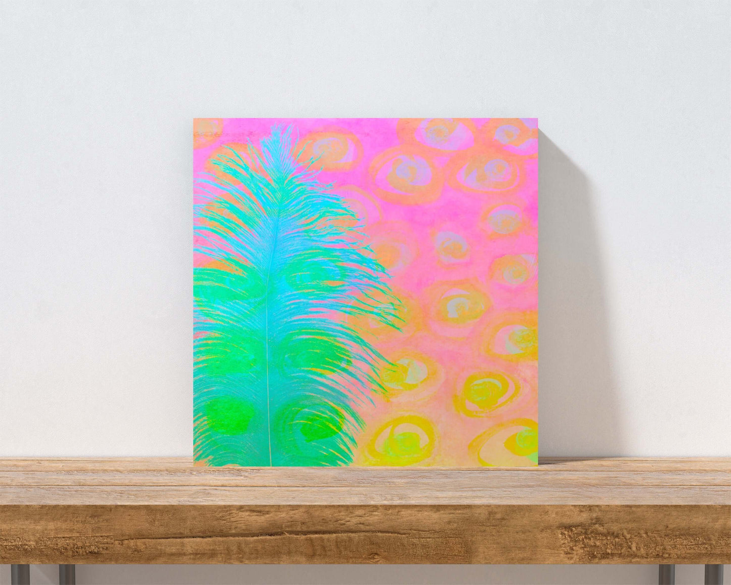 Bright Blue-Green Ostrich Feather on Pink and Yellow Background “My Other Half” Abstract Art Canvas Print Wall Art Small Canvas on Shelf