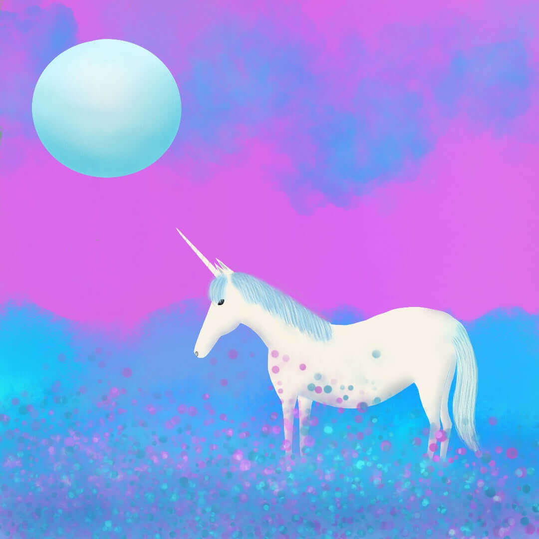 Blue and Purple Unicorn in the Mist with Full Moon “Mystical Unicorn” Canvas Print Wall Art
