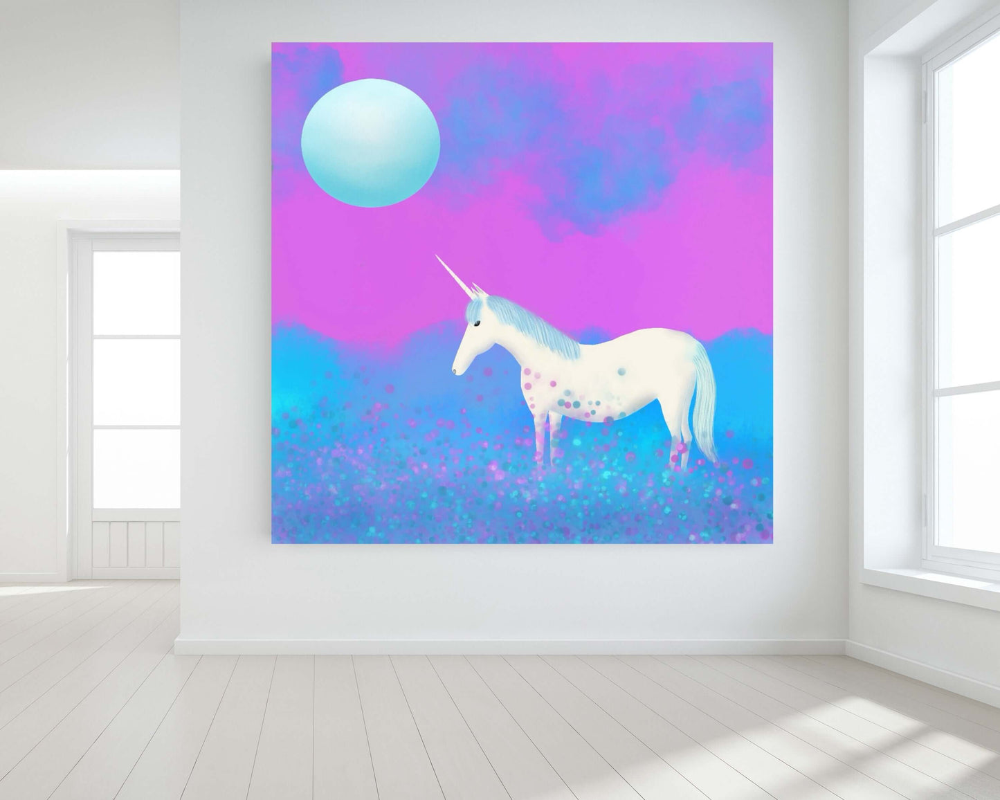 Blue and Purple Unicorn in the Mist with Full Moon “Mystical Unicorn” Canvas Print Wall Art Large Canvas on Wall