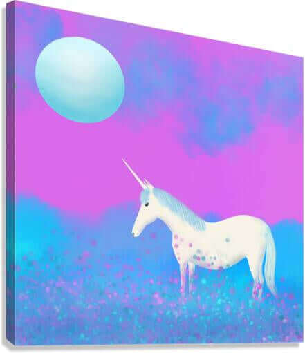 Blue and Purple Unicorn in the Mist with Full Moon “Mystical Unicorn” Canvas Print Wall Art Side View