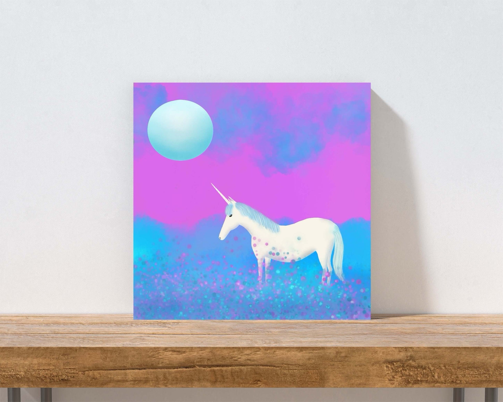 Blue and Purple Unicorn in the Mist with Full Moon “Mystical Unicorn” Canvas Print Wall Art Small Canvas on Wall