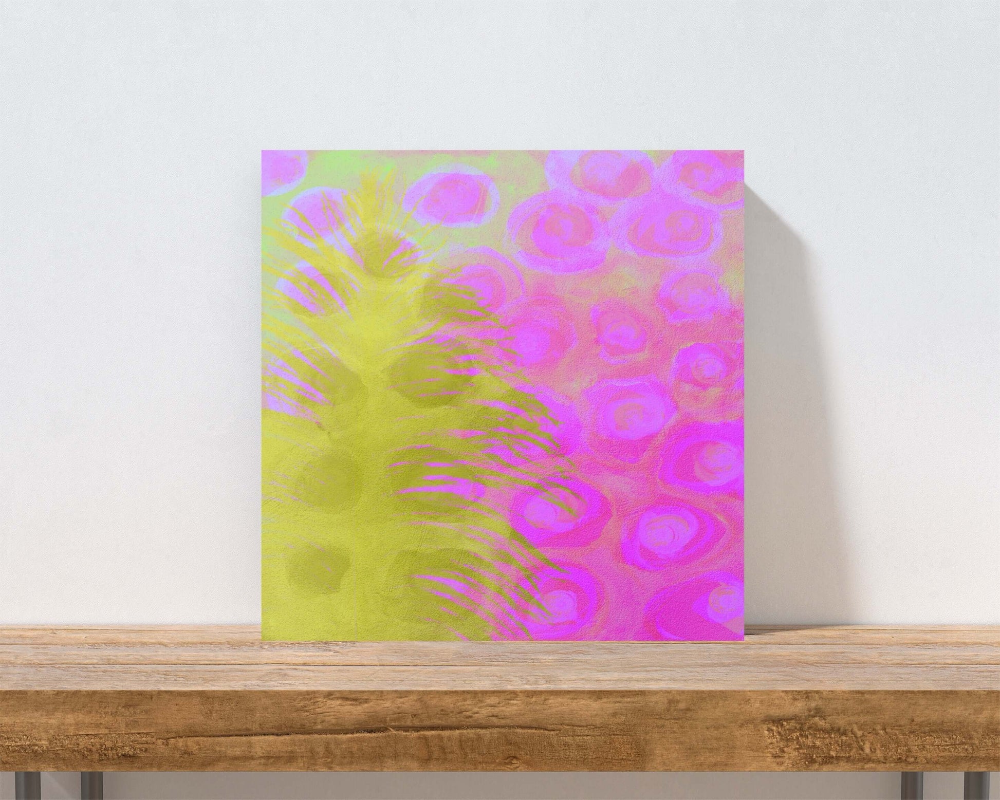 Olive Green Ostrich Feather on Pinkish-Purple Background “Olivine” Abstract Art Canvas Print Wall Art Small Canvas on Shelf