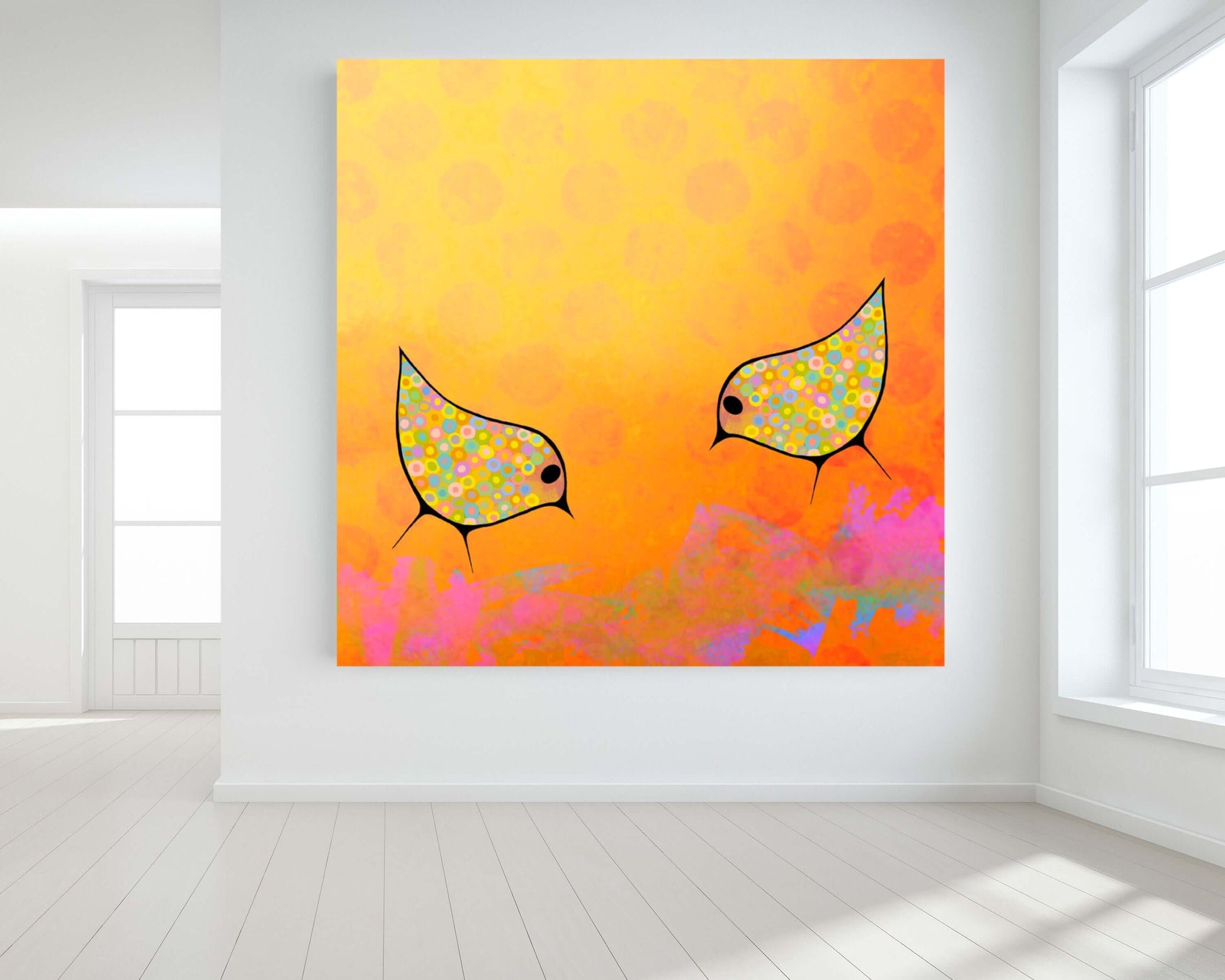 Two Birds on Orange Mixed Media Background “Orange Birds” Canvas Print Wall Art Large Canvas on Wall