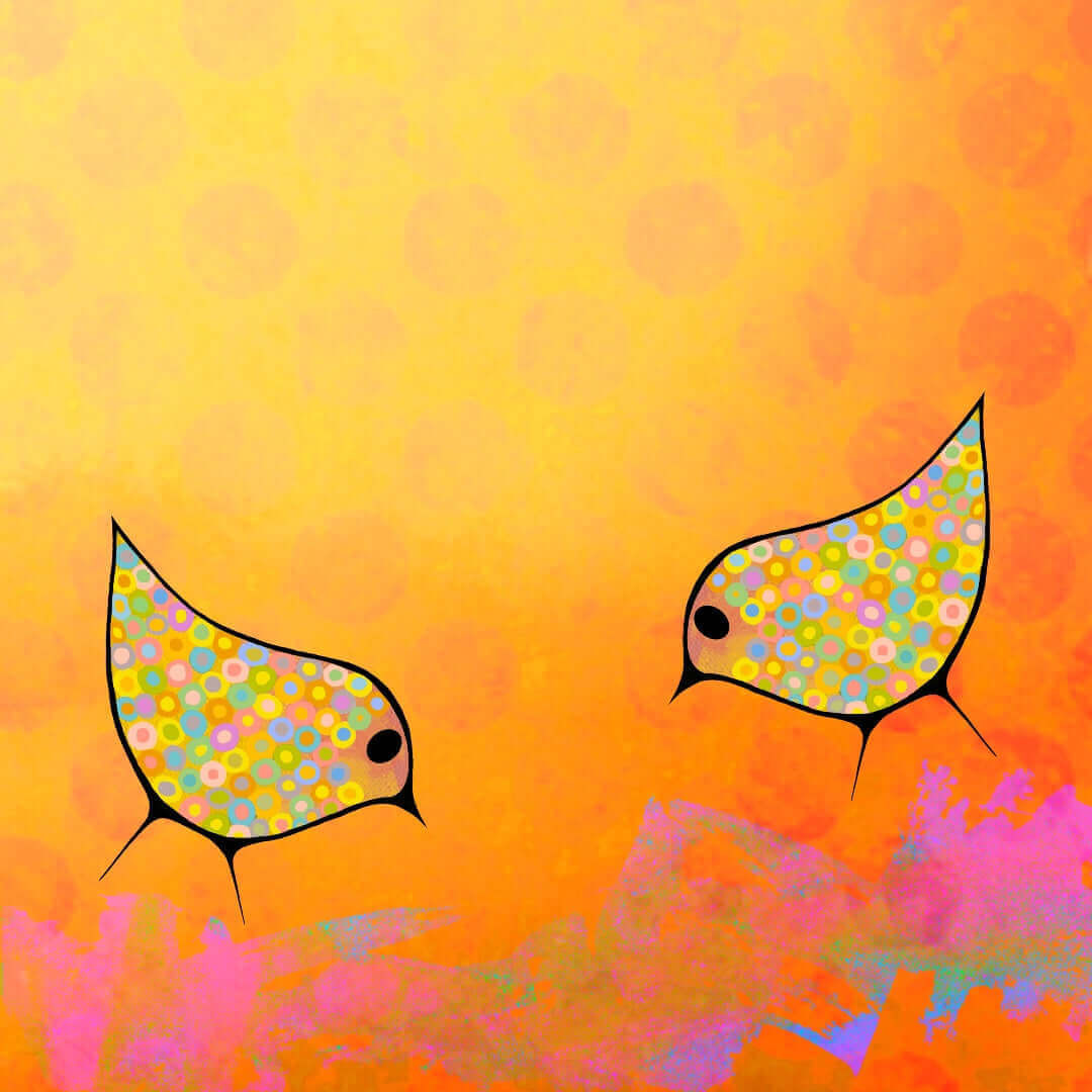 Two Birds on Orange Mixed Media Background “Orange Birds” Canvas Print Wall Art