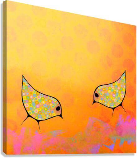 Two Birds on Orange Mixed Media Background “Orange Birds” Canvas Print Wall Art Side View