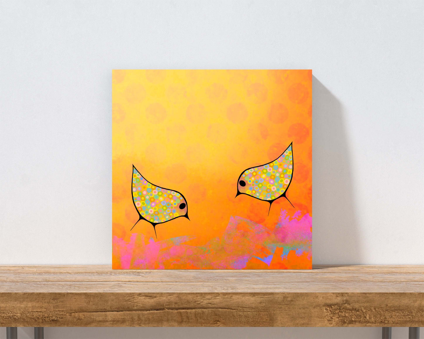 Two Birds on Orange Mixed Media Background “Orange Birds” Canvas Print Wall Art Small Canvas on Shelf