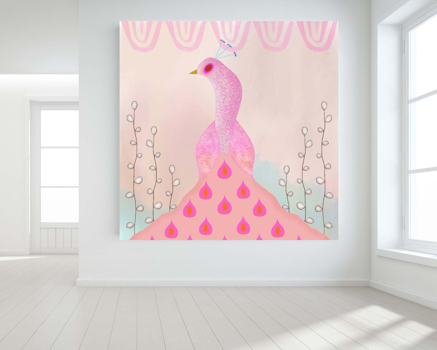 Light Pink Peacock on Beige Background with Willow Buds “Pink Peacock” Canvas Print Wall Art Large Canvas on Wall