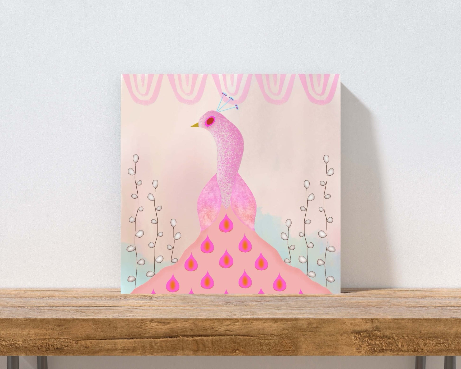 Light Pink Peacock on Beige Background with Willow Buds “Pink Peacock” Canvas Print Wall Art Small Canvas on Shelf
