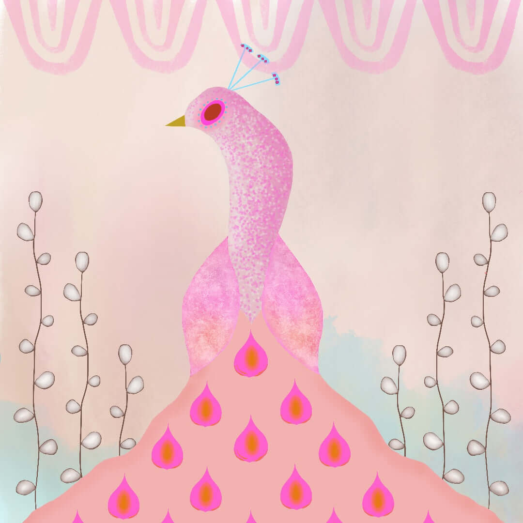 Light Pink Peacock on Beige Background with Willow Buds “Pink Peacock” Canvas Print Wall Art