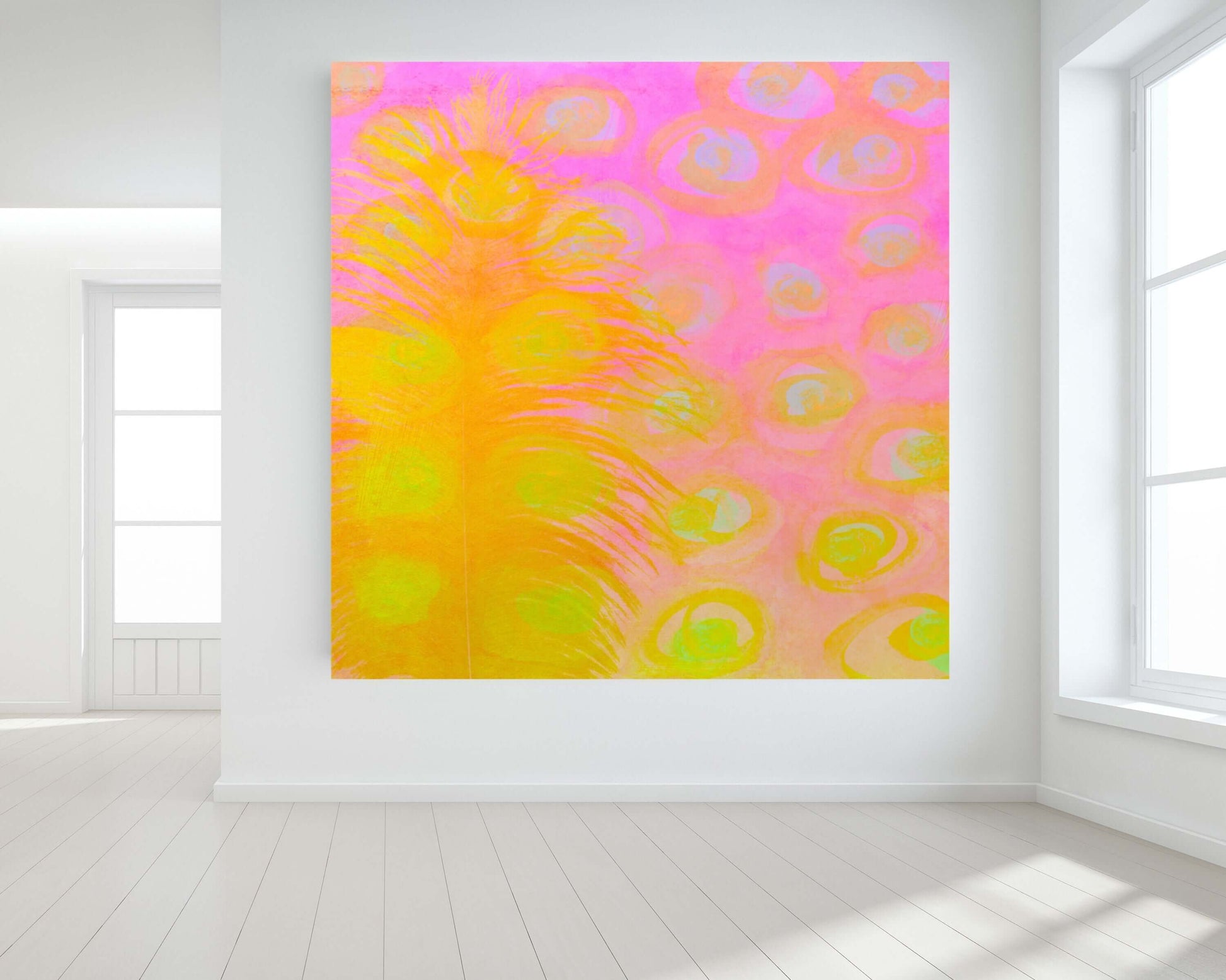 Bright Yellow Ostrich Feather on Pink Background “Poppy” Abstract Art Canvas Print Wall Art Large Canvas on Wall