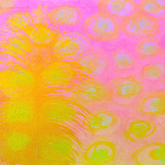 Bright Yellow Ostrich Feather on Pink Background “Poppy” Abstract Art Canvas Print Wall Art