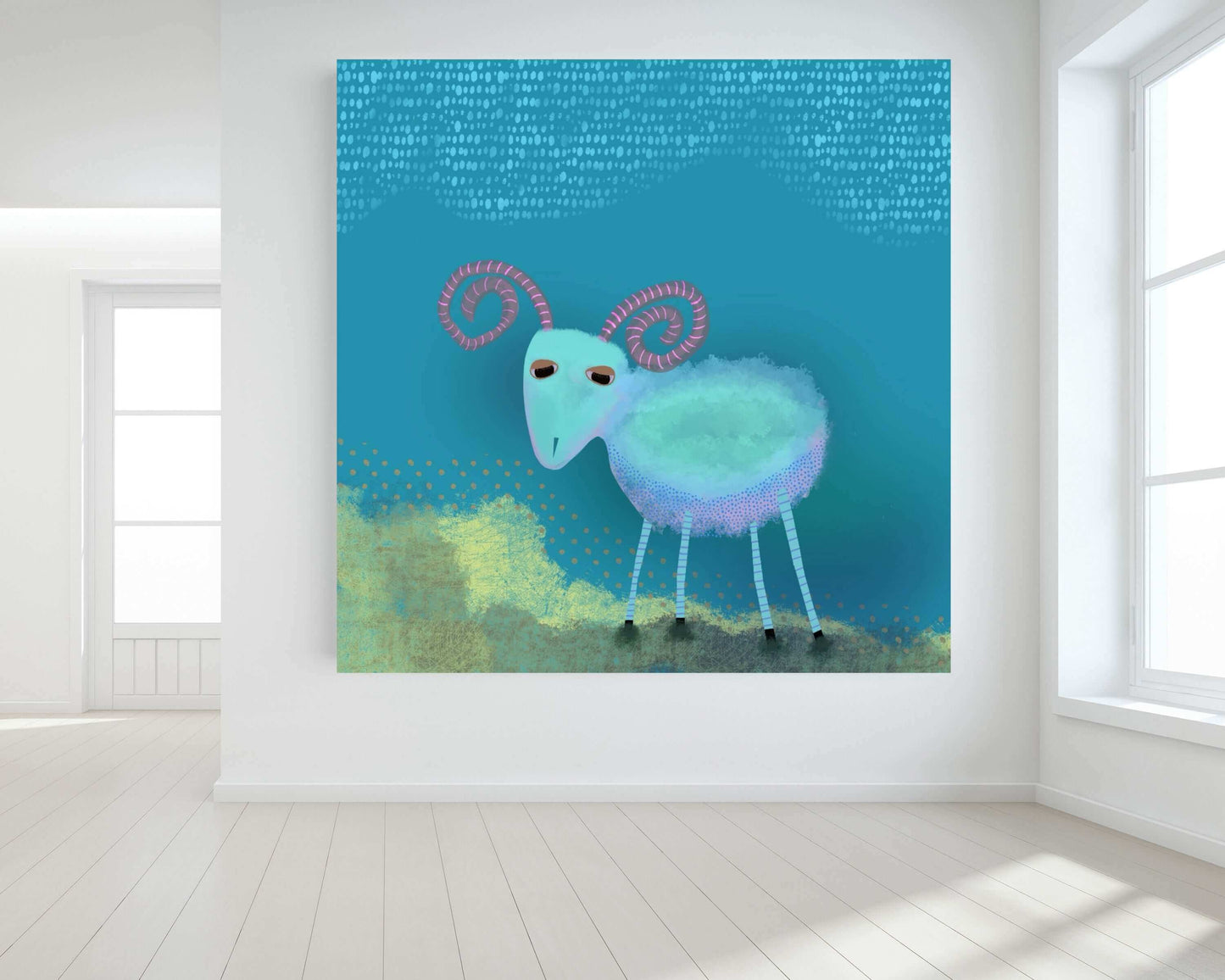 Whimsical Young Bighorn Sheep on Blue Background “Sleepie” Canvas Print Wall Art Large Canvas on Wall