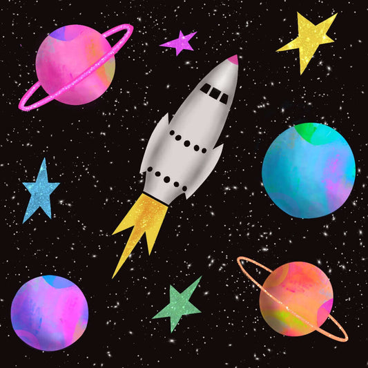 Whimsical Space Rocket with Colorful Planets and Stars on Black Background “Space Rockets” Canvas Print Wall Art