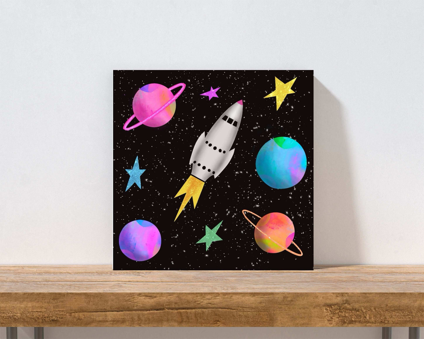 Whimsical Space Rocket with Colorful Planets and Stars on Black Background “Space Rockets” Canvas Print Wall Art Small Canvas on Shelf