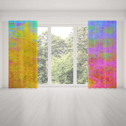 Golden Feather Pink and Blue “Fantasia” Abstract Art Colorful Window Curtains