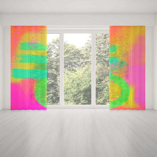 Bright Green, Orange and Pink “Hopscotch” Abstract Art Colorful Window Curtains