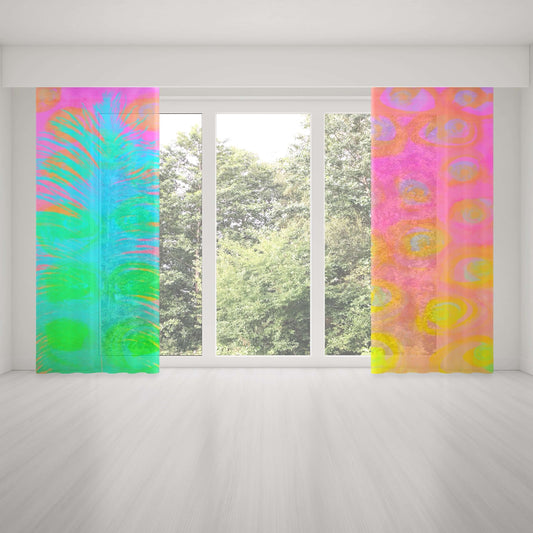 Bright Blue-Green Ostrich Feather on Pink and Yellow Background “My Other Half” Abstract Art Colorful Window Curtains