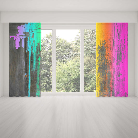 Rainbow Paint Drips on Old Wood “Rainbow Crackle” Colorful Window Curtains