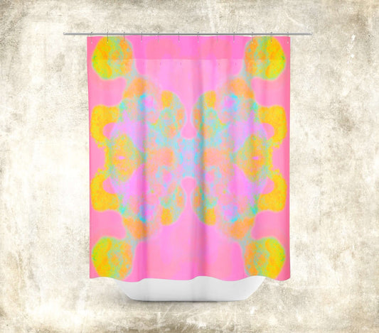 Rainbow Butterfly Shape with Pastel Colors on Pink Background “Double the Fun” Abstract Art Colorful Shower Curtain