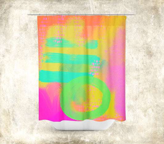 Bright Green, Orange and Pink “Hopscotch” Abstract Art Colorful Shower Curtain