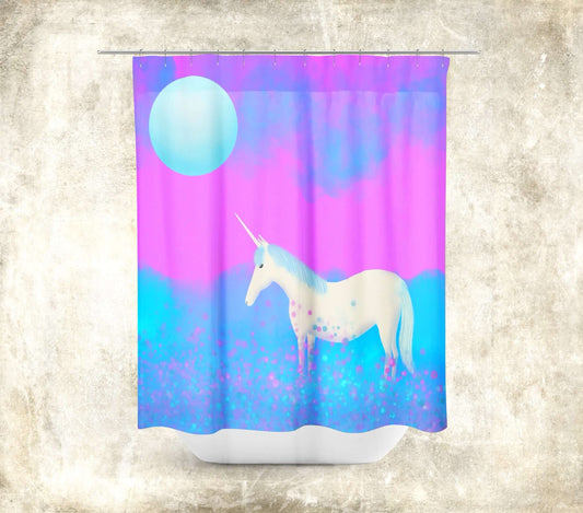 Blue and Purple Unicorn in the Mist with Full Moon “Mystical Unicorn” Colorful Shower Curtain