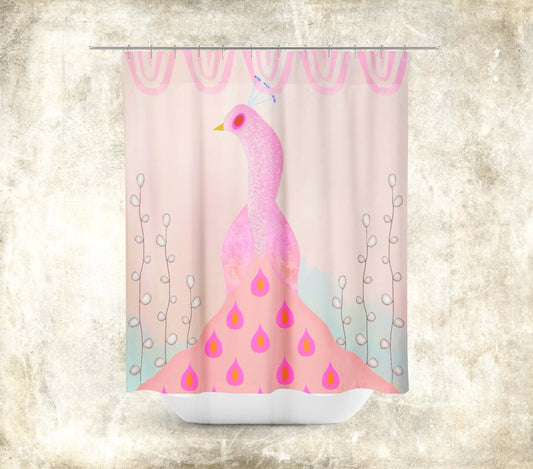 Light Pink Peacock on Beige Background with Willow Buds “Pink Peacock” Colorful Shower Curtain