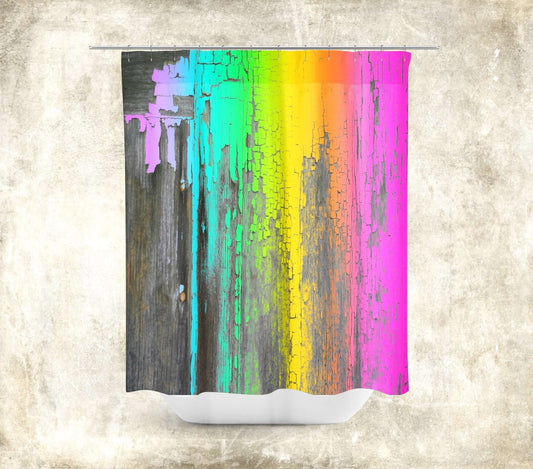 Rainbow Paint Drips on Old Wood “Rainbow Crackle” Colorful Shower Curtain