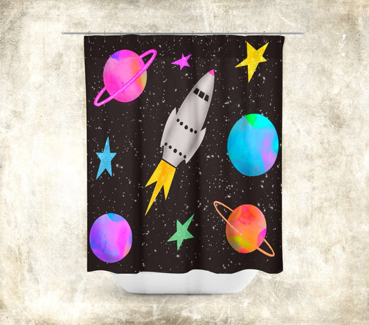 Whimsical Space Rocket with Colorful Planets and Stars on Black Background “Space Rockets” Colorful Shower Curtain
