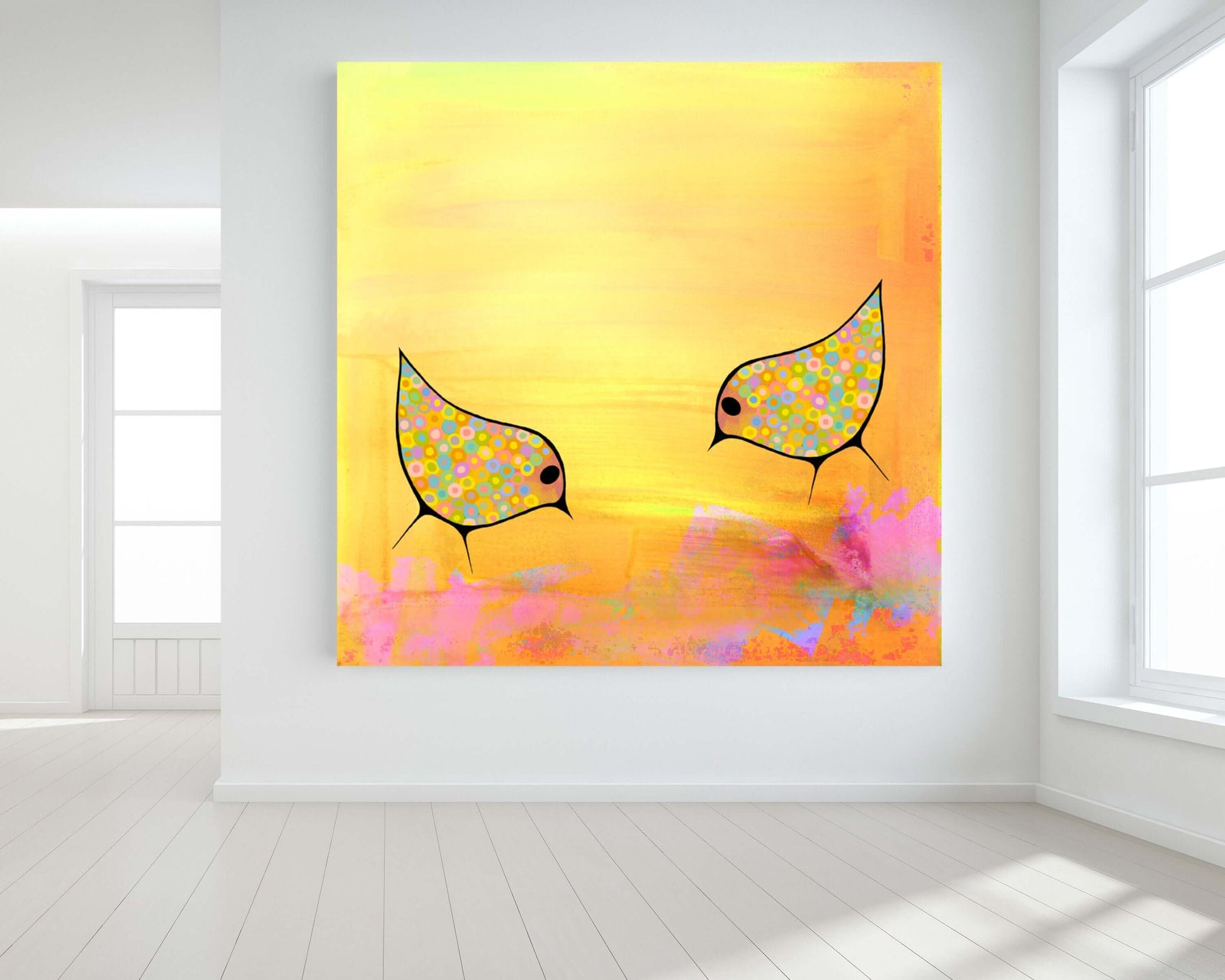 Two Yellow Birds on Sunny Yellow Mixed Media Background “Yellow Birds” Canvas Print Wall Art Large Canvas on Wall