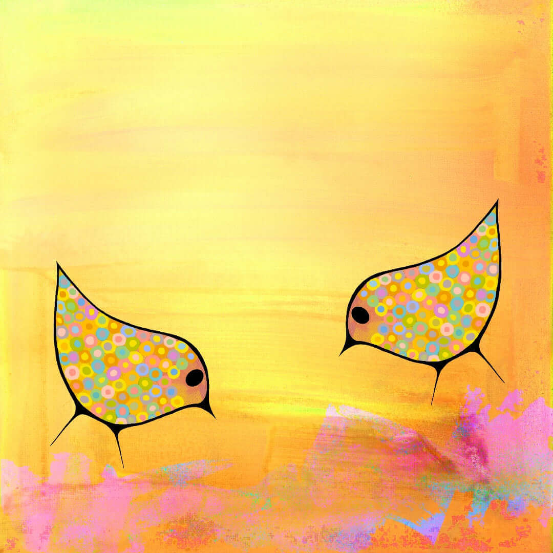 Two Yellow Birds on Sunny Yellow Mixed Media Background “Yellow Birds” Canvas Print Wall Art