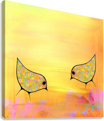 Two Yellow Birds on Sunny Yellow Mixed Media Background “Yellow Birds” Canvas Print Wall Art Side View