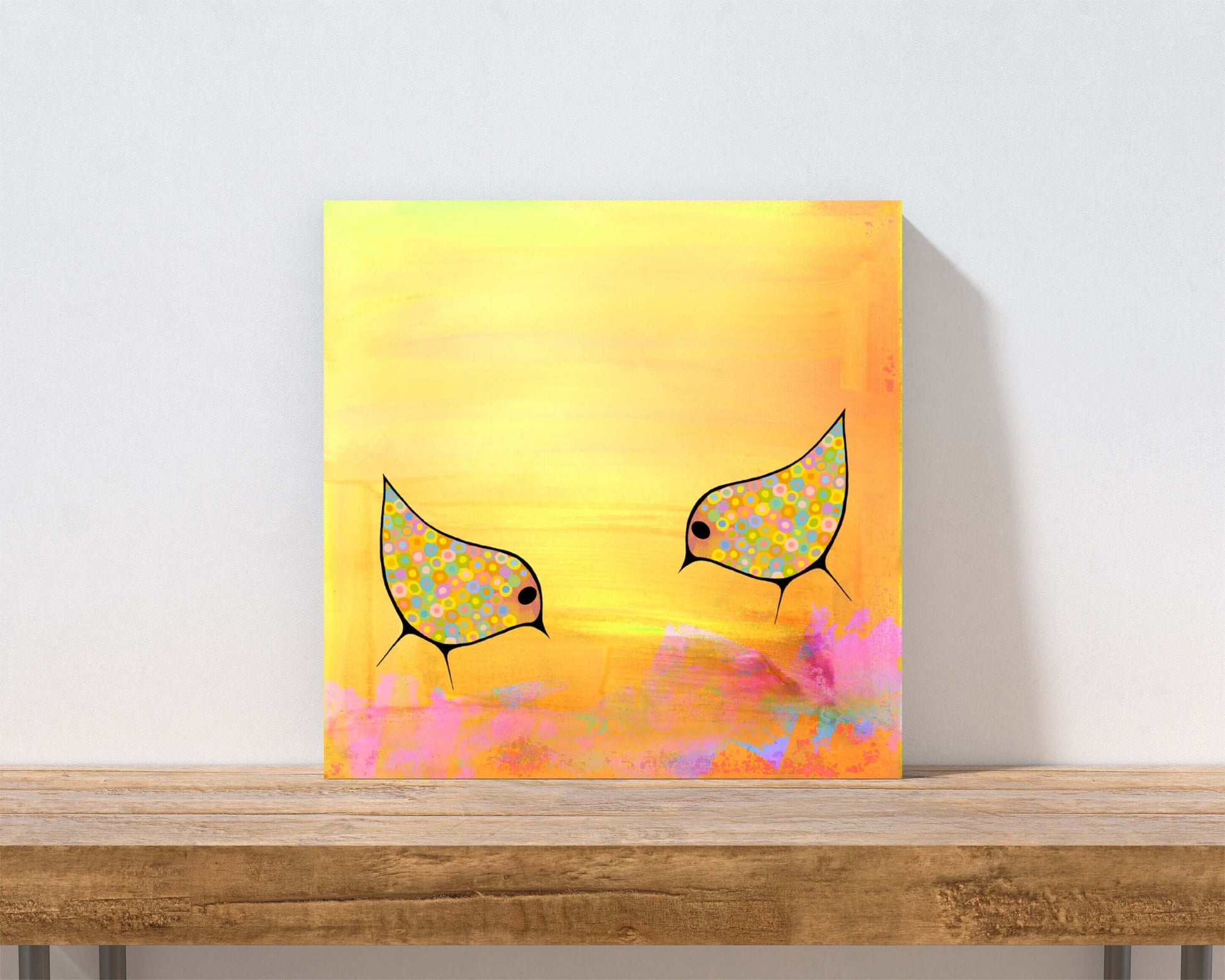 Two Yellow Birds on Sunny Yellow Mixed Media Background “Yellow Birds” Canvas Print Wall Art Small Canvas on Shelf
