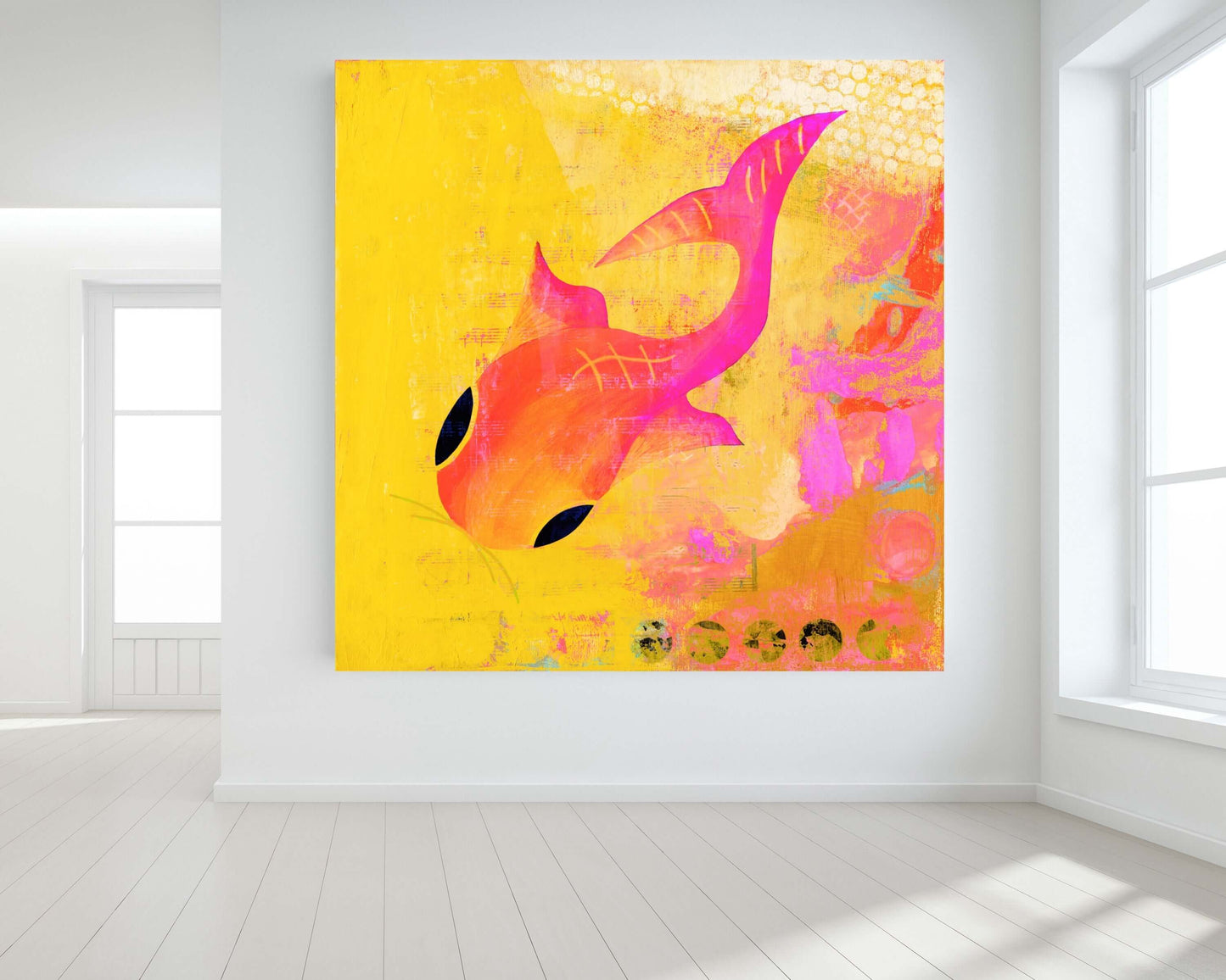 Whimsical Orange Koi Fish on Yellow Mixed Media Background “Yellow Koi” Canvas Print Wall Art Large Canvas on Wall