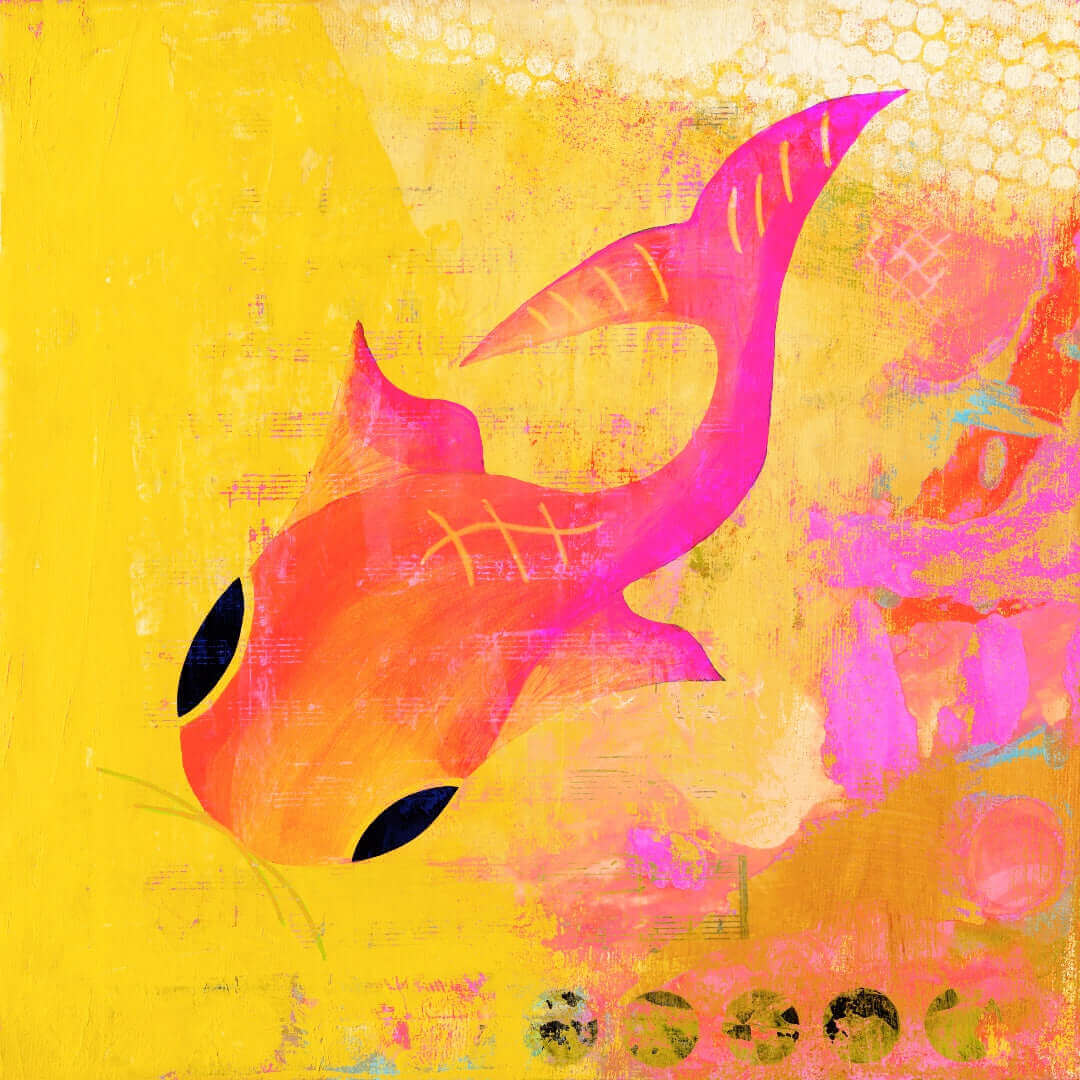Whimsical Orange Koi Fish on Yellow Mixed Media Background “Yellow Koi” Canvas Print Wall Art