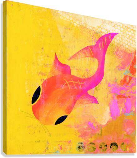 Whimsical Orange Koi Fish on Yellow Mixed Media Background “Yellow Koi” Canvas Print Wall Art Side View